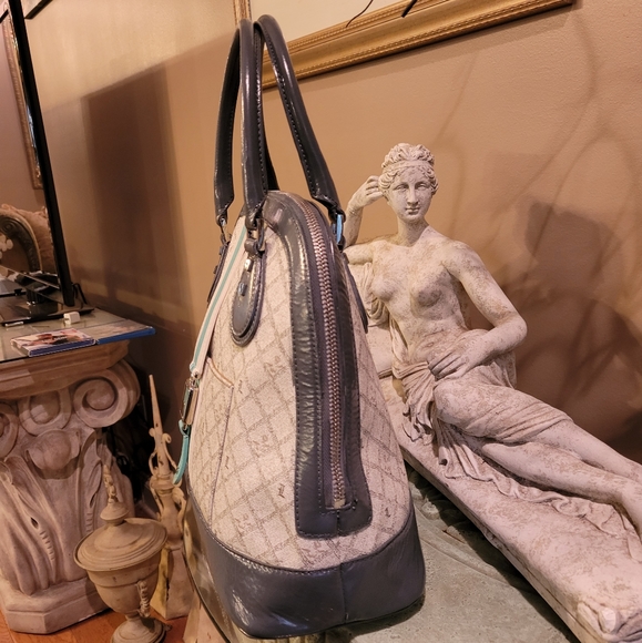 L.A.M.B. by Gwen Stefani Kingston Shadow Bowler Bag Leather Blue Stripe #427 - Picture 6 of 17